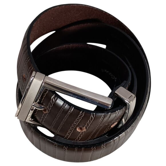 Mezlan Belt Mens 34 Brown Leather Buckle Made in Spain Textured Dress Casual - Picture 2 of 7